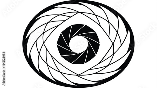 Abstract black and white circular design resembling a camera lens aperture