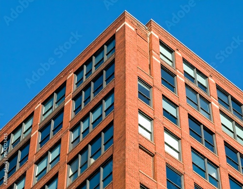 Red brick corner building against clear blue sky