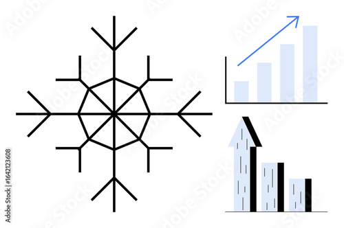 Geometric snowflake and two bar charts with upward trends. Ideal for data analysis, growth, business metrics, winter themes, creativity, performance reports, simple landing page