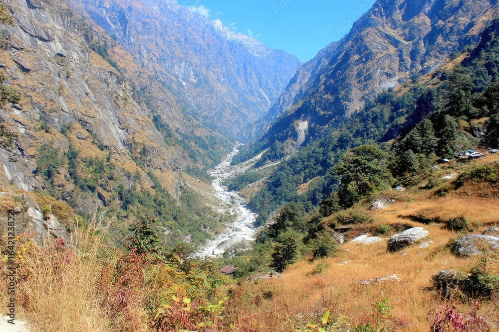 Naklejka premium Mountain valley with a flowing river.