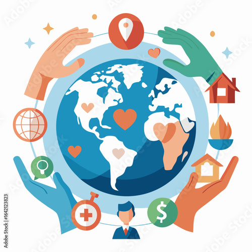 Globe Embraced by Caring Hands with Social Work Symbols for Global Support