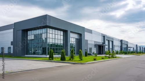 Wallpaper Mural Modern Industrial Building Exterior with Glass Facade, Grey Cladding, and Greenery in a Business Park Torontodigital.ca