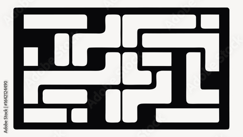 Abstract black and white design with geometric rectangular shapes and curves