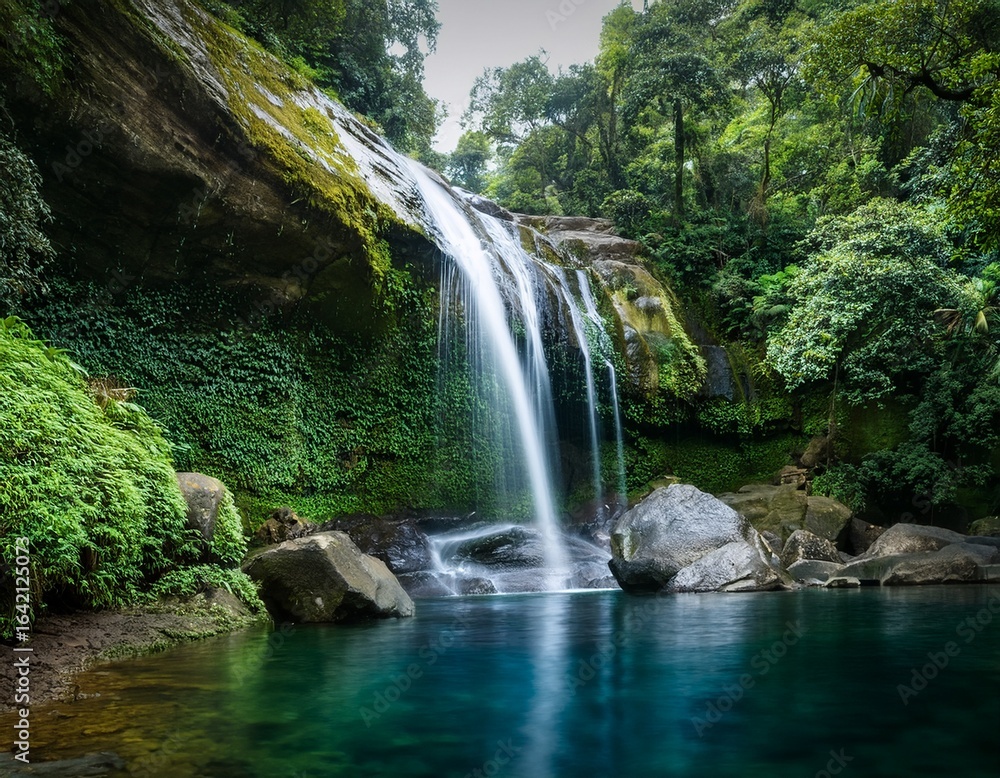 Fototapeta premium serene waterfall cascades into tranquil pool surrounded by lush greenery and rocky formations creating picturesque natural scene