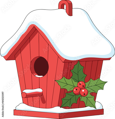Red Snowy Birdhouse with Holly – Pure Flat Vector Holiday Illustration