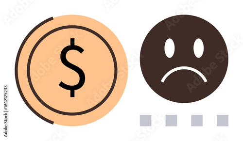 Large dollar sign inside coin next to sad face icon and gray progress bars. Ideal for finance, economic hardship, dissatisfaction, budget management, income decline, payment delay, simple flat