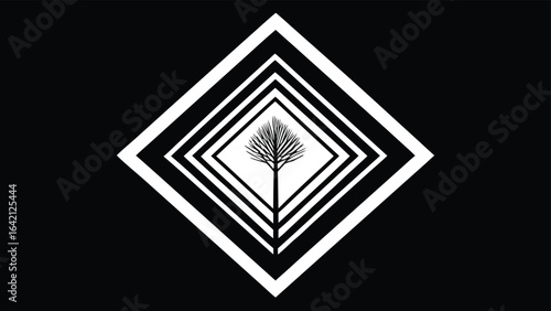 Abstract black and white geometric design featuring a tree symbol and diamond shapes