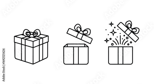 Gift Box Icon Set � Closed, Partially Open, and Open with Sparkles