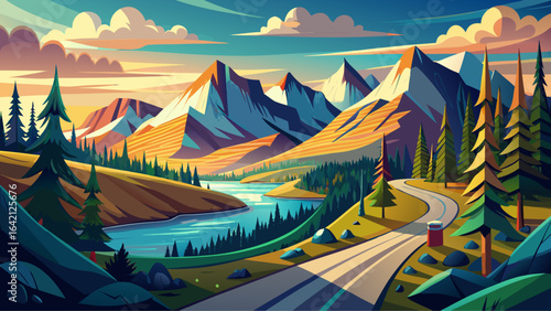 Through winding roads and lush forests beneath a dramatic sky, the majestic Canadian wilderness unfolds with serene mountains, untamed nature, picturesque scenery, and breathtaking landscapes in a sem
