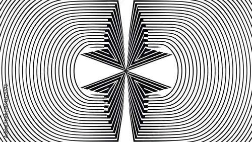 Abstract black and white geometric design with optical illusion and concentric curved lines