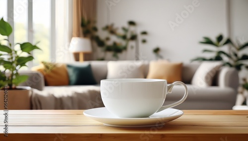 Wallpaper Mural elegant white teacup on wooden table in bright cozy living room interior Torontodigital.ca