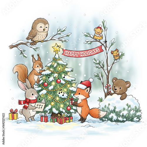 Cute Forest Animals Celebrating Christmas Holidays