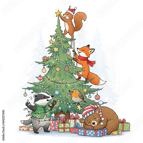 Energetic Woodland Animals Decorating a Christmas Tree