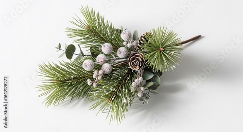 Frosty Pine Sprig with Berries and Pinecones, Winter Decor