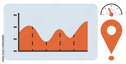 Graph with fluctuating data points, speed meter, and location marker representing progress, analysis, measurement, navigation, goal tracking, decision-making, and data-driven insights in a simple