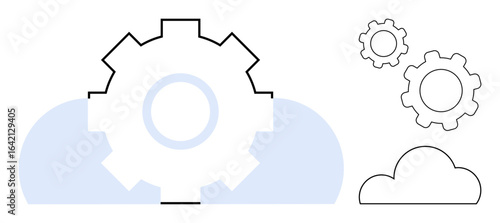 Large gear over cloud, smaller gears nearby symbolizing system integration, technology, and connection. Ideal for cloud computing, automation, innovation, efficiency, teamwork collaboration simple