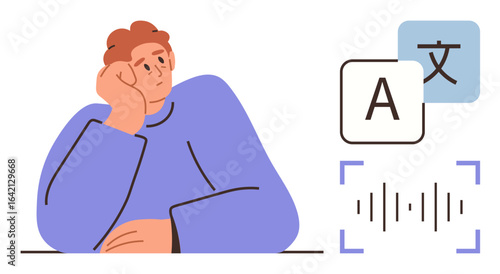 Thoughtful individual resting on hand with translation-related icons including text in two languages and sound waves. Ideal for linguistics, translation, communication, AI, learning