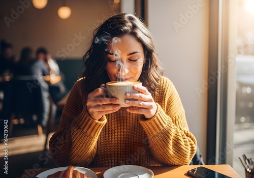 Cozy Morning Moment Woman Enjoying Coffee Aroma and Warmth in a Sunlit Cafe with Pastries