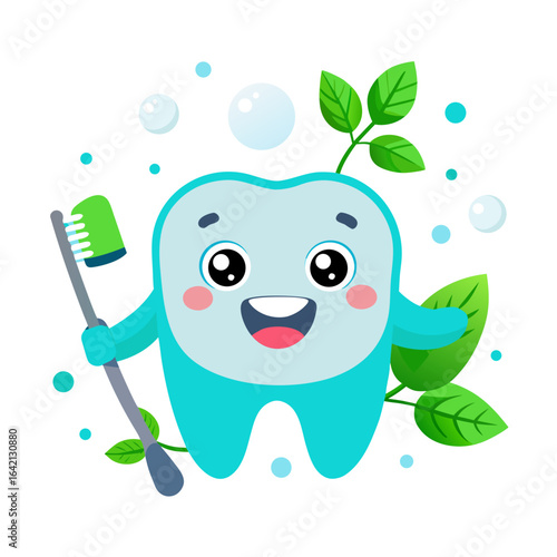 Tooth Character with Toothbrush and Floss Vector Icon

