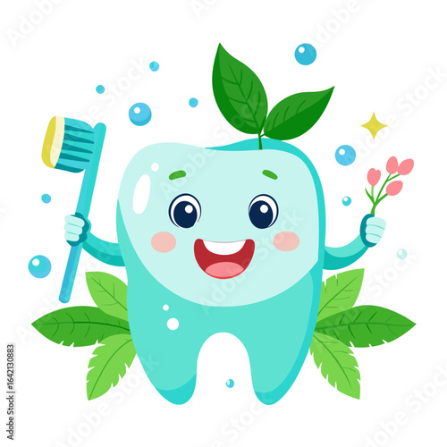 Tooth Character with Toothbrush and Floss Vector Icon

