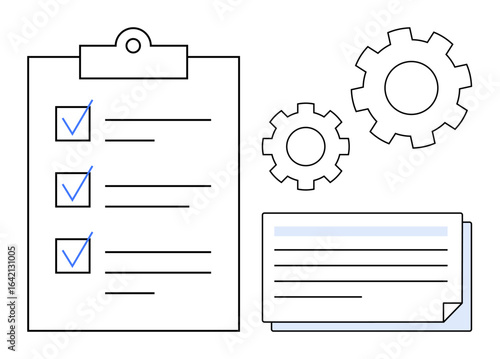 Clipboard with checklist, gears, and documents symbolizing organization, workflow, task management, and productivity. Ideal for planning, business strategy, teamwork efficiency and time management