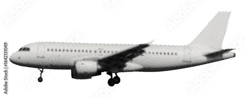 airliner in side view isolated halftone vintage dots texture cut-out retro collage element for mixed media travel aviation design