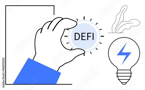 Hand holding a DeFi coin, lightbulb symbolizing innovation, and plant sprout suggesting growth. Ideal for concepts thumbs up technology, finance, blockchain, sustainability, investment, creativity