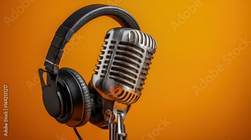 Vintage Microphone and Headphones Set Against a Vibrant Orange Background Perfect for Audio Production