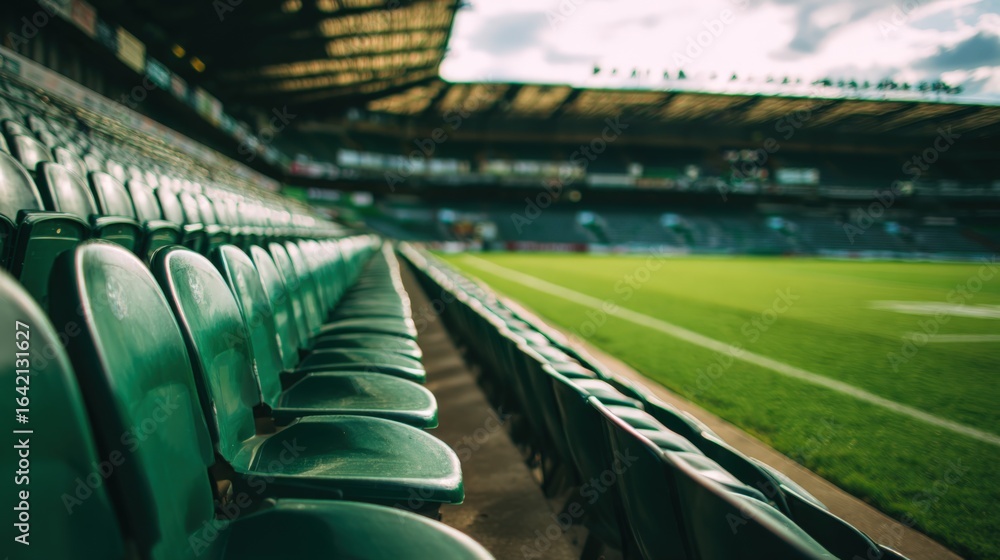 Obraz premium Empty Green Stadium Seating Rows Overlooking the Field, Depicting Anticipation and Potential for Sporting Events