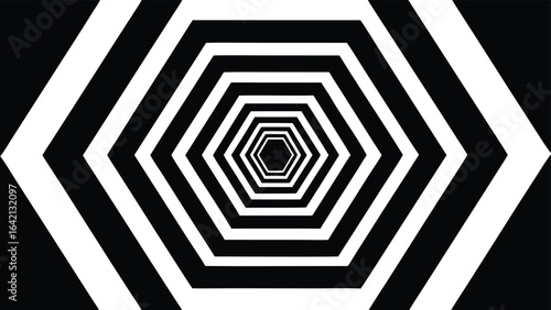 Abstract black and white tunnel of hexagonal shapes leading towards the center