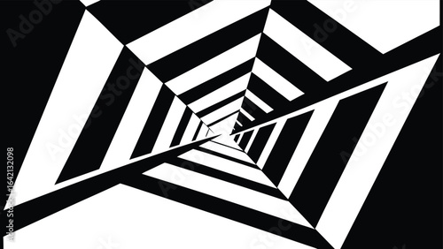 Abstract black and white tunnel design with geometric shapes and optical illusion