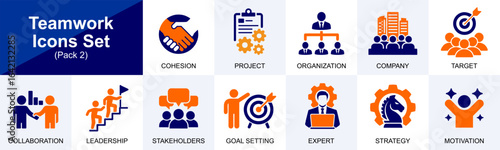 Teamwork Icons Set with collaboration leadership project organization strategy motivation goal setting and company