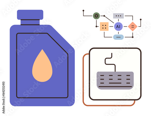 Oil container alongside advanced AI process flowchart and wiring chipboard, symbolizing automation, technology, innovation, energy efficiency, industrial development, smart systems, and productivity