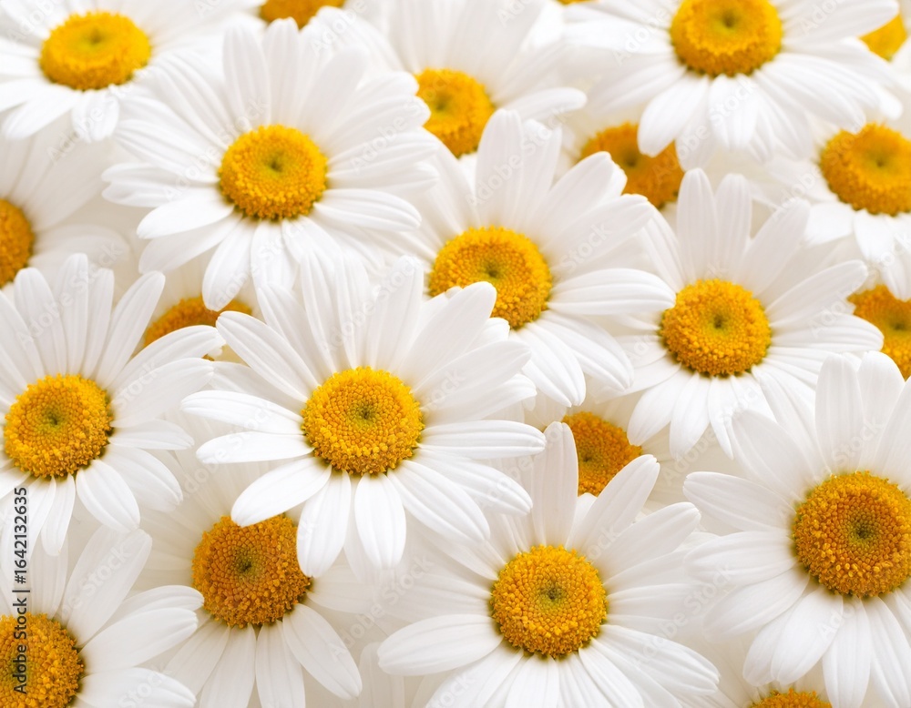 Obraz premium A close-up view of white daisy flowers with bright yellow centers, showing the intricate petal texture.