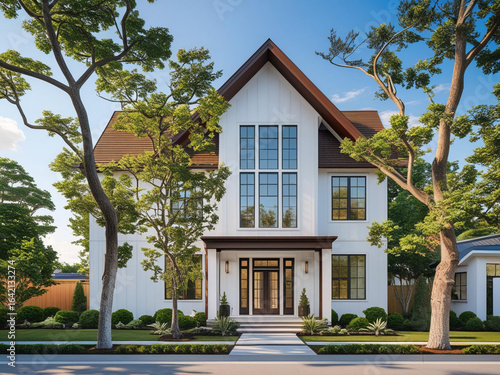Modern two story house with elegant white and brown exterior surrounded by lush greenery in a serene neighborhood