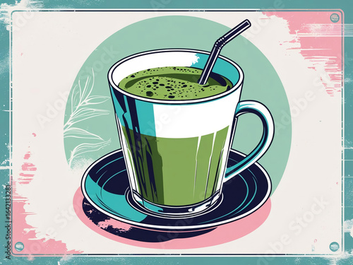 Colorful coffee matcha illustration featuring a retro design with jade, turquoise, and pink shades, perfect for t-shirt graphics