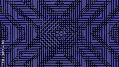 Abstract black spiral mesh of layered square ripple pattern on a vivid purple background