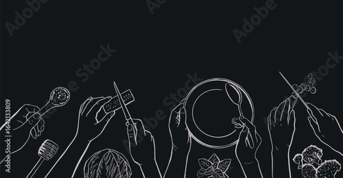 Cooking Class Blackboard Background with White Charcoal Illustration with Human Hands Cook Food, Top View Template