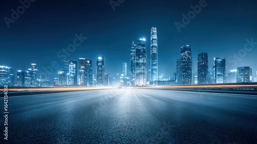 Urban Landscape at Night: Modern Cityscape with Skyscrapers and Street Lights, Reflecting on Pavement