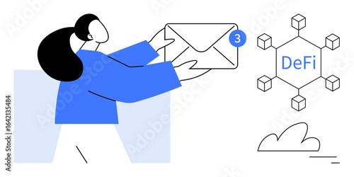 Female figure holding an envelope with notification badge alongside a decentralized finance blockchain icon and a subtle cloud graphic. Ideal for technology, communication, finance, innovation