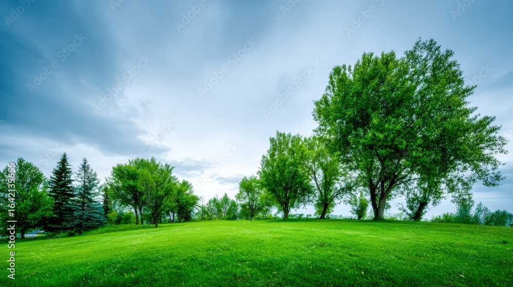 Obraz premium Lush Green Landscape with Trees Under a Dramatic Sky, Ideal for Nature and Outdoor Concepts