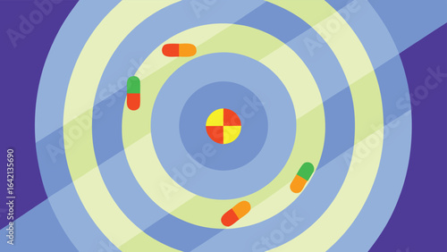 Abstract composition featuring pills and concentric circles on a colorfully designed graphic