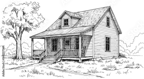 Sketched country house with porch surrounded by trees and grass  