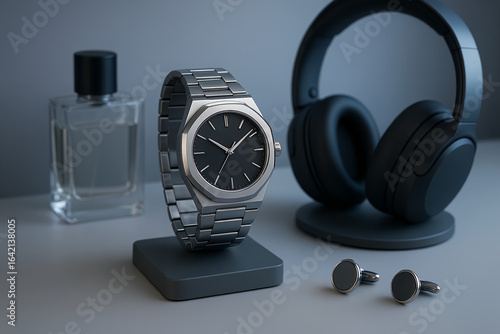 Composition with a men's watch, cufflinks, a glass bottle with transparent perfume, and headphones on a neutral background.
