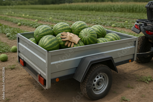 A small trailer with watermelons grown on a farm without the addition of harmful fertilizers and chemicals, gardening gloves lie on top of the melons, against the backdrop of beds with watermelons.
