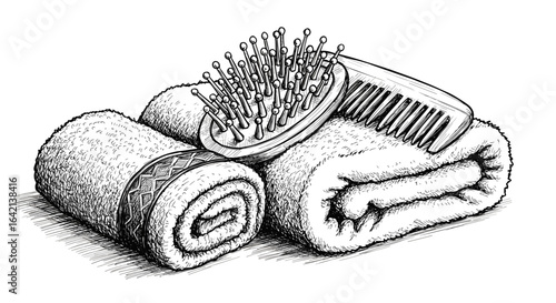 Wooden comb and towels arranged in a sketchy style  