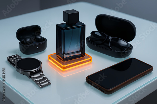 A bottle of men's perfume on a stand with orange backlight, a smartphone, a men's smart watch, smart glasses and Bluetooth headphones. On a white table with a glass surface. Set for business meetings.