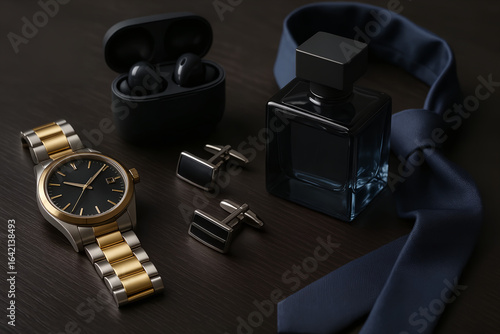 Composition with a men's watch made of dark metal with gold inserts, cufflinks, a glass dark blue bottle of perfume, and headphones on a neutral background and a blue tie.
