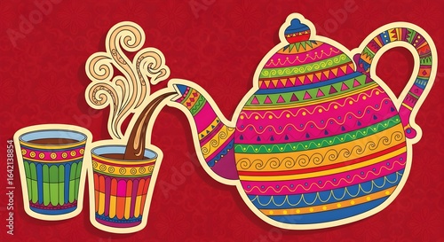 Illustration of colorful Indian truck art style teapot pouring chai.