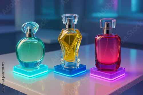 Author's perfume bottles on stands with neon lighting, lime color with blue lighting, yellow with blue lighting, raspberry color with purple lighting.
